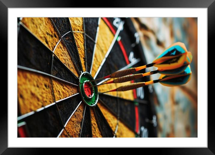 Three darts hitting perfect on the target bullseye. Framed Mounted Print by Michael Piepgras