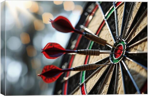 Three darts hitting perfect on the target bullseye. Canvas Print by Michael Piepgras