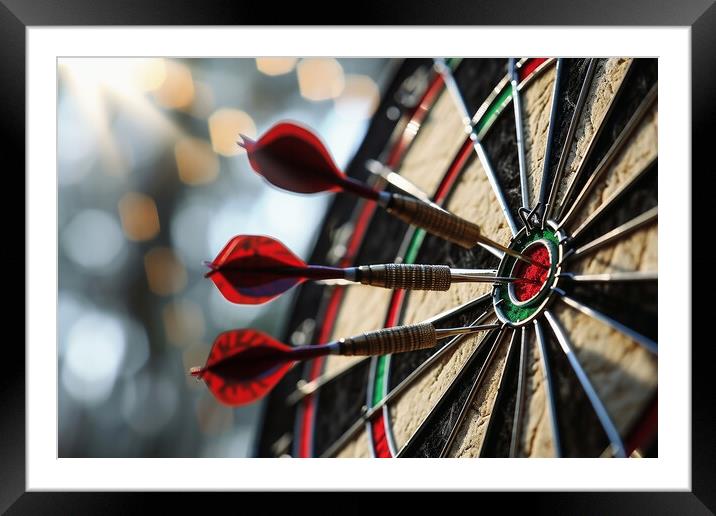 Three darts hitting perfect on the target bullseye. Framed Mounted Print by Michael Piepgras