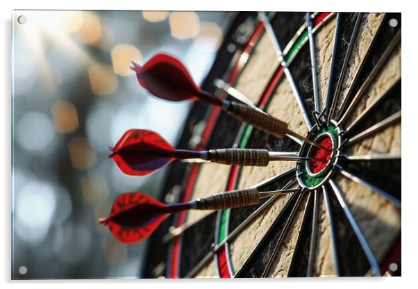 Three darts hitting perfect on the target bullseye. Acrylic by Michael Piepgras