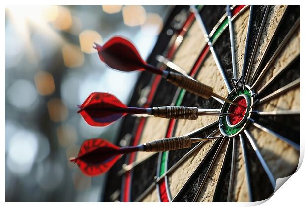 Three darts hitting perfect on the target bullseye. Print by Michael Piepgras