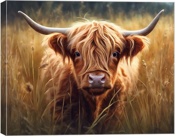 Highland Cow In Long Grass Canvas Print by Anne Macdonald