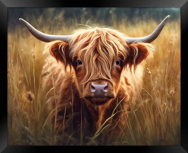Highland Cow In Long Grass Framed Print by Anne Macdonald