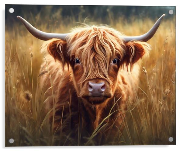 Highland Cow In Long Grass Acrylic by Anne Macdonald
