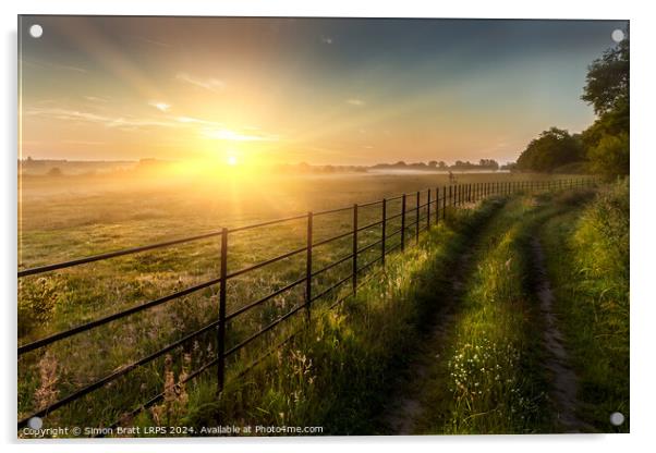 Super sunrise over farm fields cattle fence and track Acrylic by Simon Bratt LRPS