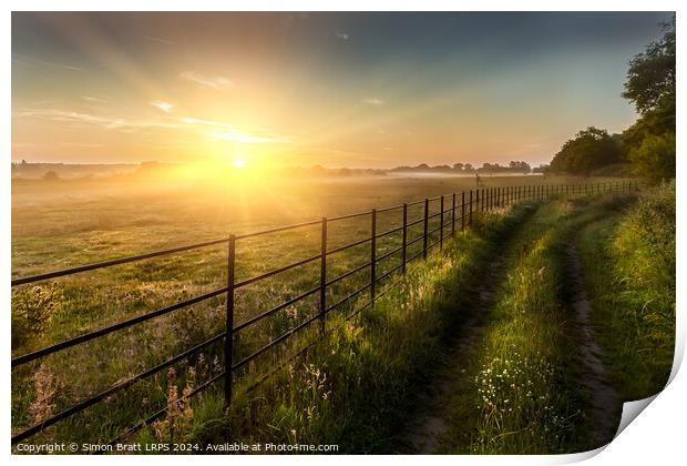 Super sunrise over farm fields cattle fence and track Print by Simon Bratt LRPS