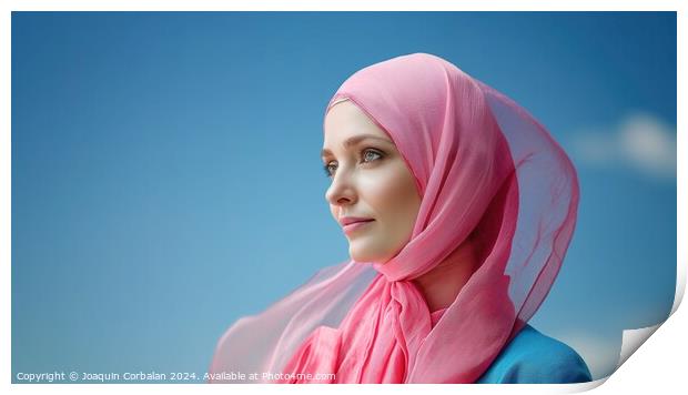 A 35-year-old woman wearing a pink scarf on her head. Print by Joaquin Corbalan