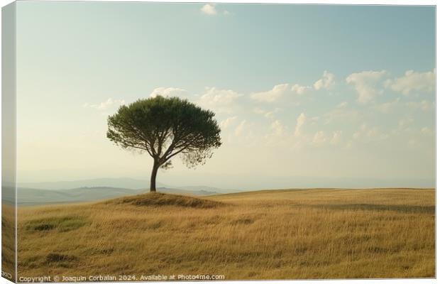 A lone tree stands on a grassy hill under a clear blue sky. Canvas Print by Joaquin Corbalan