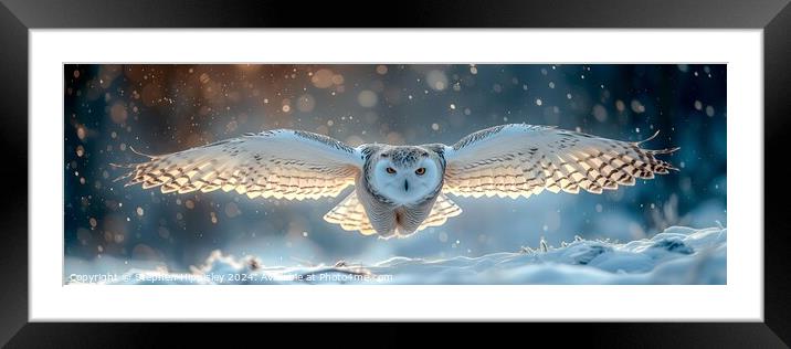 A Snowy owl gliding across the snow. Framed Mounted Print by Stephen Hippisley