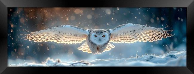 A Snowy owl gliding across the snow. Framed Print by Stephen Hippisley