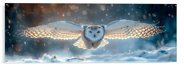 A Snowy owl gliding across the snow. Acrylic by Stephen Hippisley