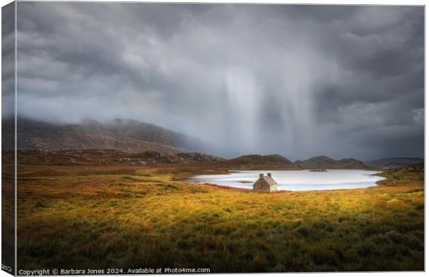 Loch Stack Bothy, Sun and Showers Sutherland Scotl Canvas Print by Barbara Jones