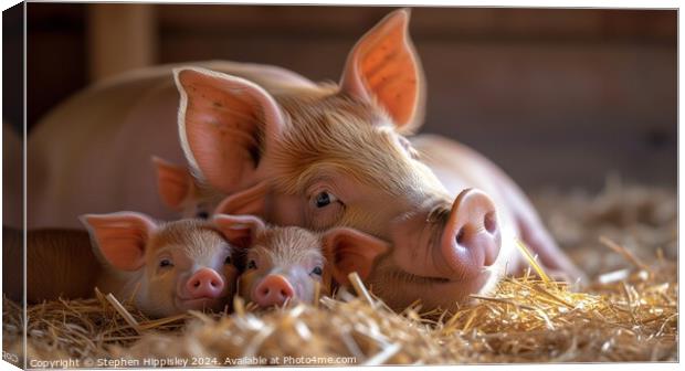 Young piglets resting with mother. Canvas Print by Stephen Hippisley