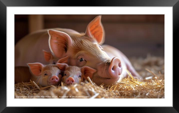 Young piglets resting with mother. Framed Mounted Print by Stephen Hippisley