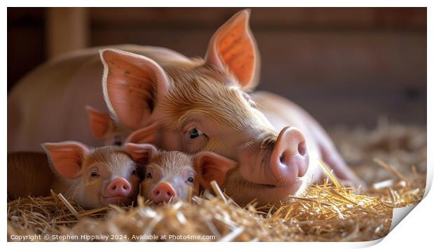 Young piglets resting with mother. Print by Stephen Hippisley