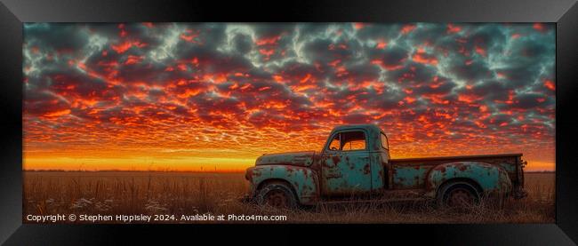 A panoramic image of a vintage pick-up truck during sunset. Framed Print by Stephen Hippisley