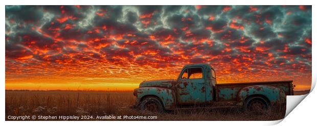 A panoramic image of a vintage pick-up truck during sunset. Print by Stephen Hippisley
