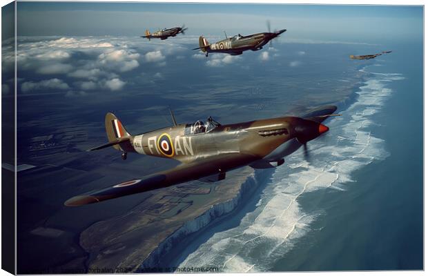 A group of Hawker Hurricane and Supermarine Spitfire fighter jets soaring over the white-capped ocean. Canvas Print by Joaquin Corbalan