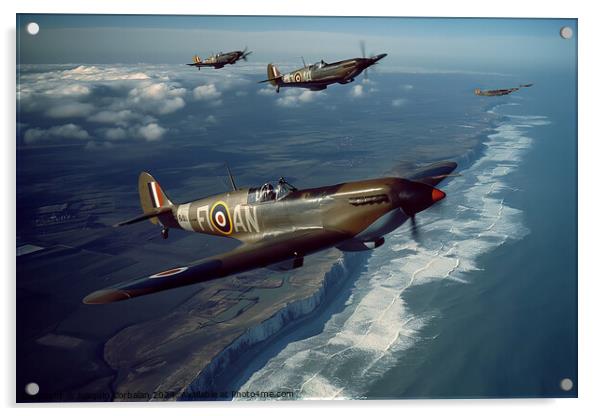 A group of Hawker Hurricane and Supermarine Spitfire fighter jets soaring over the white-capped ocean. Acrylic by Joaquin Corbalan
