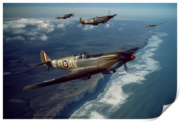 A group of Hawker Hurricane and Supermarine Spitfire fighter jets soaring over the white-capped ocean. Print by Joaquin Corbalan