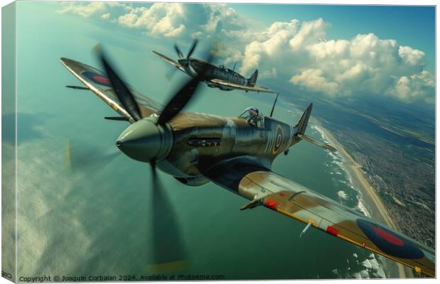 Military aircraft, Hawker Hurricane and Supermarine Spitfire, soar above the white cliffs along a body of water. Canvas Print by Joaquin Corbalan