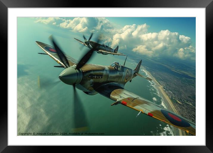 Military aircraft, Hawker Hurricane and Supermarine Spitfire, soar above the white cliffs along a body of water. Framed Mounted Print by Joaquin Corbalan