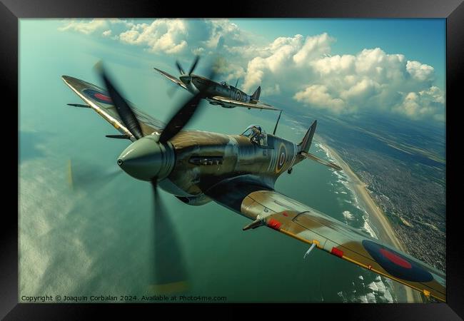 Military aircraft, Hawker Hurricane and Supermarine Spitfire, soar above the white cliffs along a body of water. Framed Print by Joaquin Corbalan