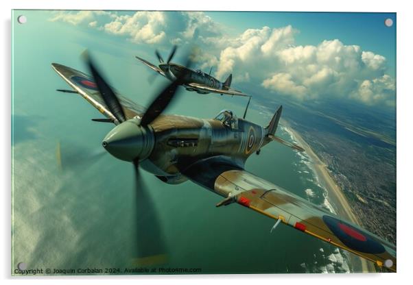 Military aircraft, Hawker Hurricane and Supermarine Spitfire, soar above the white cliffs along a body of water. Acrylic by Joaquin Corbalan