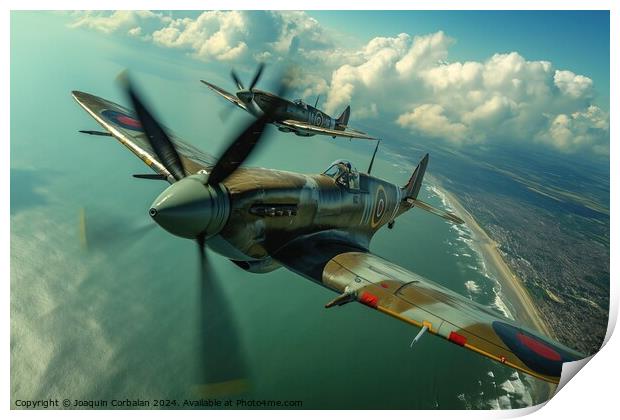 Military aircraft, Hawker Hurricane and Supermarine Spitfire, soar above the white cliffs along a body of water. Print by Joaquin Corbalan