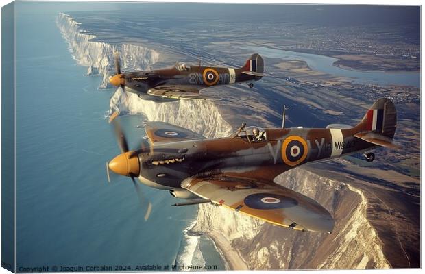 Hawker Hurricane and Supermarine Spitfire planes flying over ocean near cliff. Canvas Print by Joaquin Corbalan