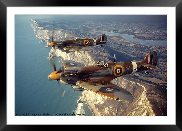 Hawker Hurricane and Supermarine Spitfire planes flying over ocean near cliff. Framed Mounted Print by Joaquin Corbalan