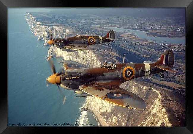 Hawker Hurricane and Supermarine Spitfire planes flying over ocean near cliff. Framed Print by Joaquin Corbalan