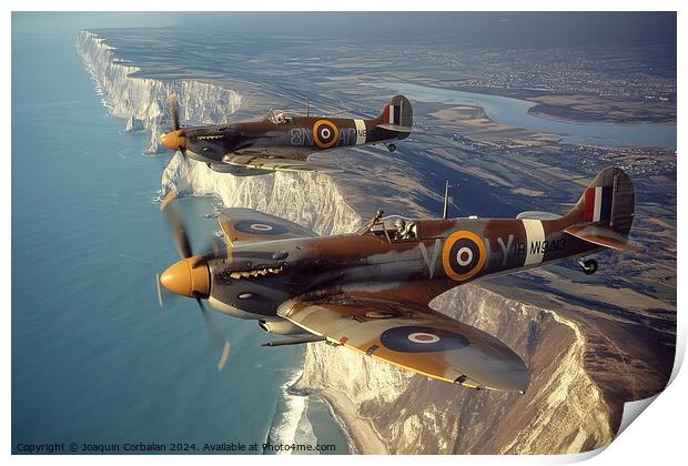 Hawker Hurricane and Supermarine Spitfire planes flying over ocean near cliff. Print by Joaquin Corbalan