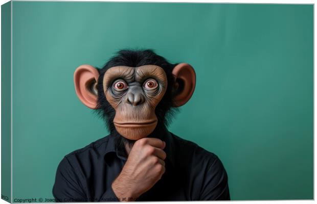 A man wearing a monkey mask with his hand on his chin on a green background. Canvas Print by Joaquin Corbalan
