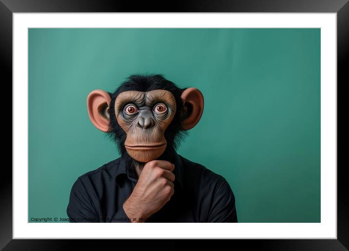 A man wearing a monkey mask with his hand on his chin on a green background. Framed Mounted Print by Joaquin Corbalan