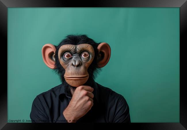 A man wearing a monkey mask with his hand on his chin on a green background. Framed Print by Joaquin Corbalan