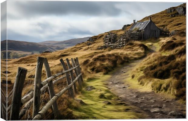 A wooden fence stands on a grassy hillside in the Scottish countryside. Canvas Print by Joaquin Corbalan