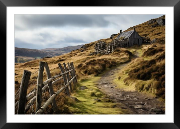 A wooden fence stands on a grassy hillside in the Scottish countryside. Framed Mounted Print by Joaquin Corbalan