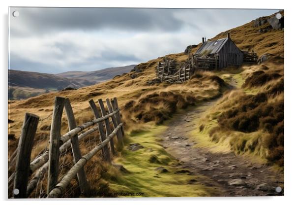 A wooden fence stands on a grassy hillside in the Scottish countryside. Acrylic by Joaquin Corbalan