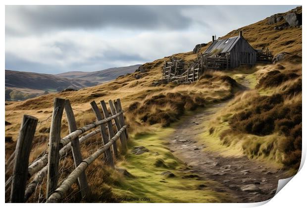 A wooden fence stands on a grassy hillside in the Scottish countryside. Print by Joaquin Corbalan