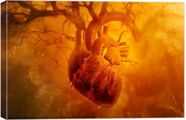 A painting depicting a human heart suspended from a tree branch. Canvas Print by Joaquin Corbalan