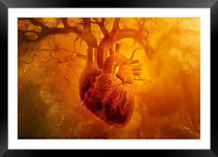 A painting depicting a human heart suspended from a tree branch. Framed Mounted Print by Joaquin Corbalan