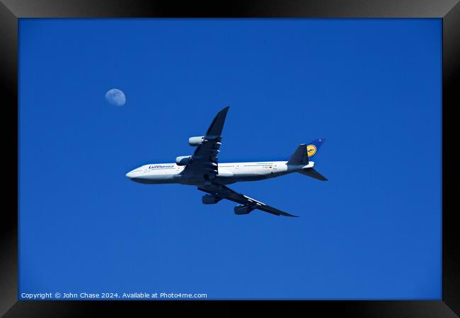 Lufthansa 747-830 Flies the Moon Framed Print by John Chase