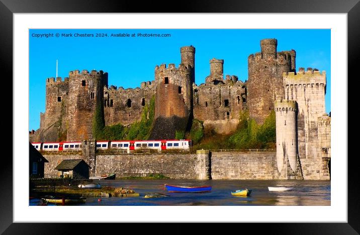 Conwy Castle with a train going past. Framed Mounted Print by Mark Chesters
