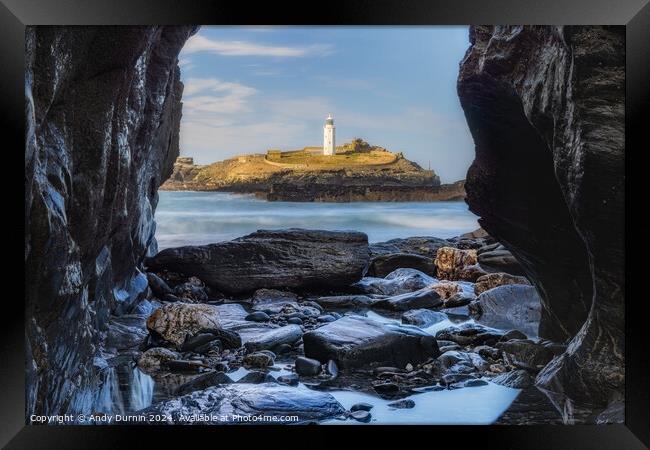 Godrevy Lighthouse: Framed by Nature's Embrace Framed Print by Andy Durnin