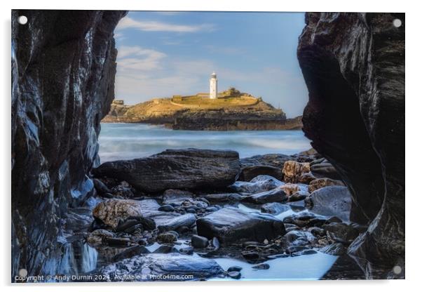 Godrevy Lighthouse: Framed by Nature's Embrace Acrylic by Andy Durnin