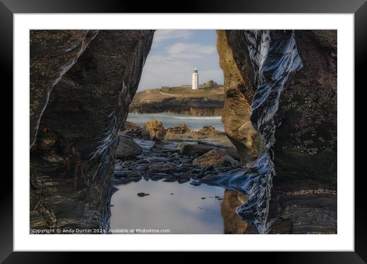 Godrevy's Glimpse: Lighthouse Beyond the Rocky Portal Framed Mounted Print by Andy Durnin