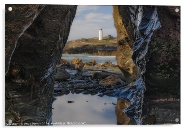 Godrevy's Glimpse: Lighthouse Beyond the Rocky Portal Acrylic by Andy Durnin