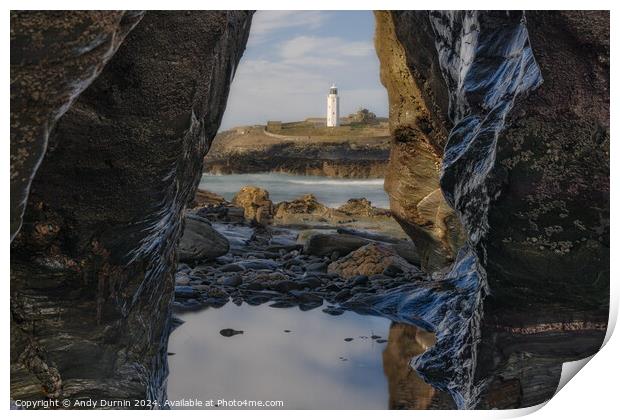 Godrevy's Glimpse: Lighthouse Beyond the Rocky Portal Print by Andy Durnin