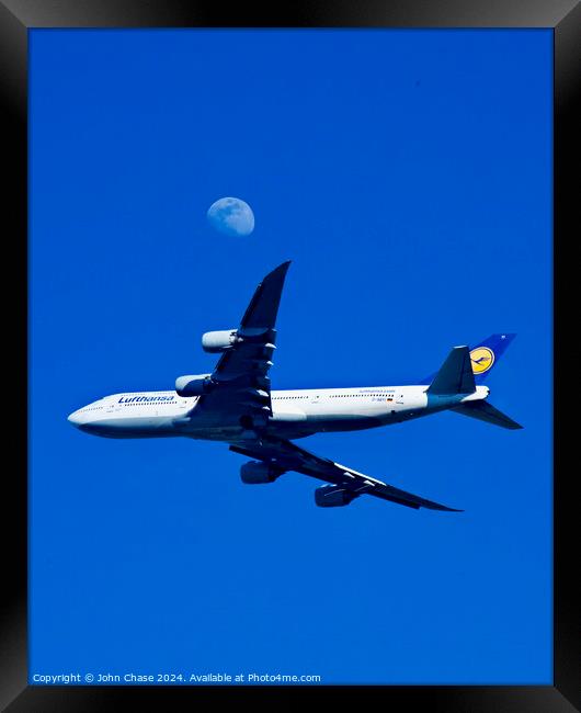 Lufthansa 747-830 Flies the Moon Framed Print by John Chase